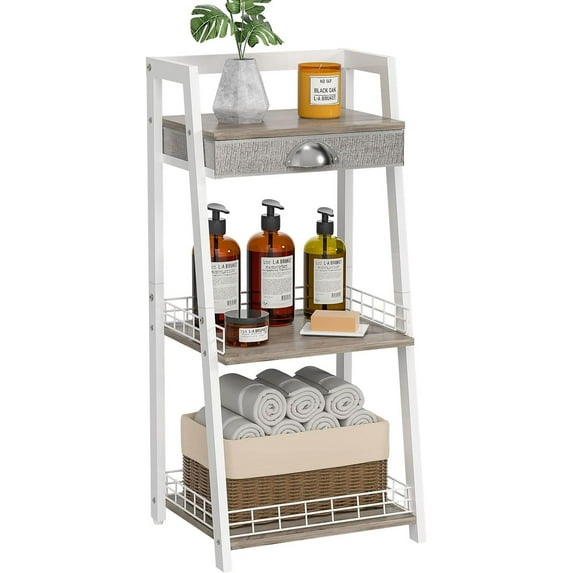3-Tier Bathroom Ladder Shelf, Floor Storage Shelf with Drawer, Freestanding Open Tower Shelving Unit for Bathroom Living Room Balcony(White)