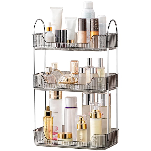 3 Tier Bathroom Counter Organizer - Vanity Makeup & Skincare Storage Tray with Metal Stand, Space-Saving for Dresser, Grey