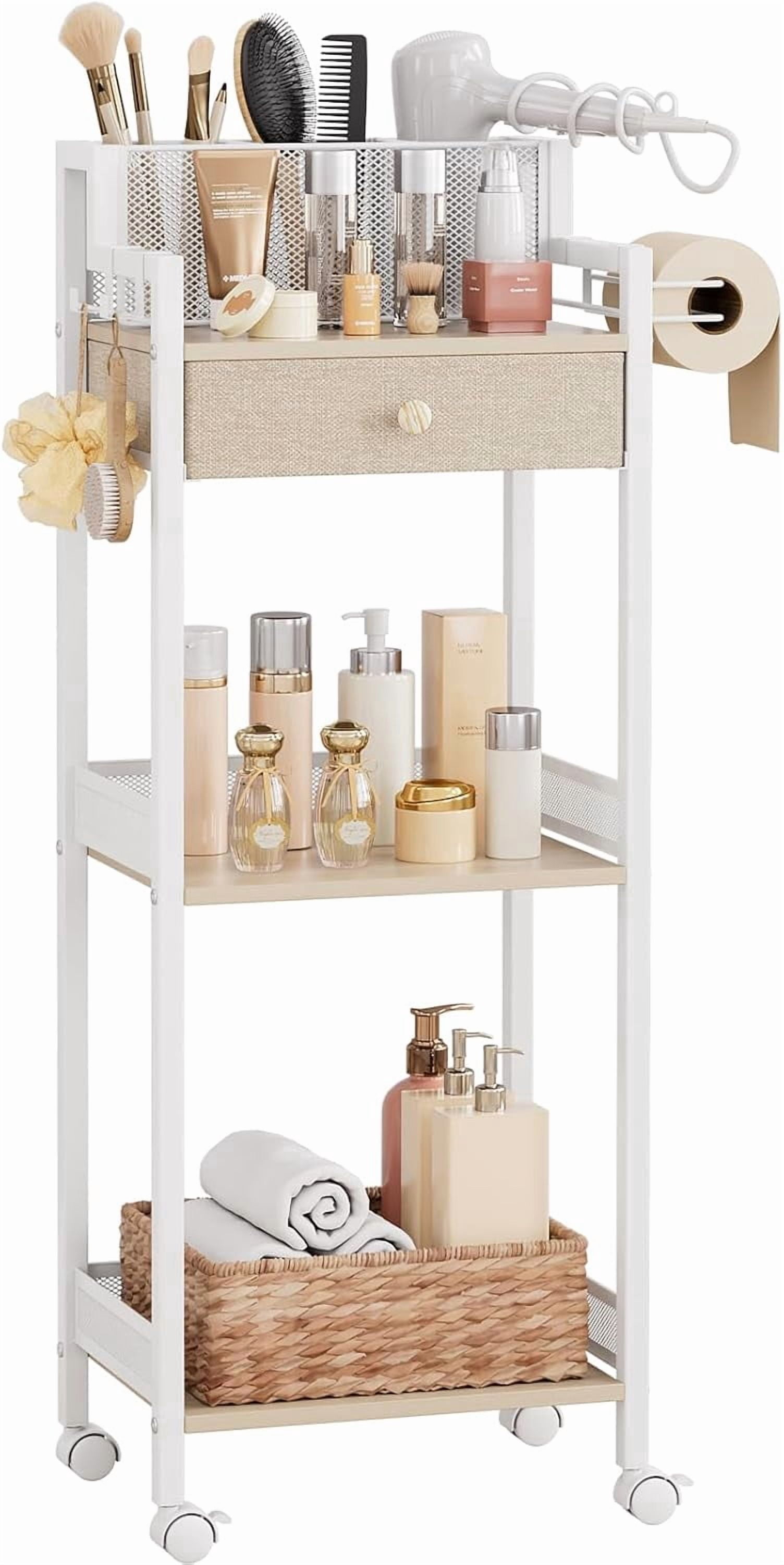 3 Tier Bathroom Shelf with Drawer, 12.8in Large Floor Makeup Organizers ...