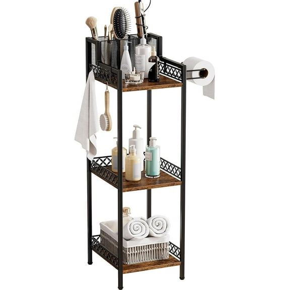 3-Tier Bathroom Shelf Organizer with Hair Dryer Holder and Toilet Paper Hook, 9.85" Slim Metal Stand for Small Spaces, Holds 50lbs - Freestanding Storage for Towels, Toiletries
