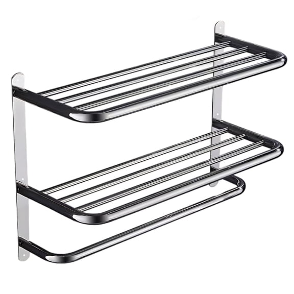 3-Tier Bathroom Shelf with Towel Bar, 15.7 in / 40 cm Wall Mounted 304 Stainless Steel Towel Rack with Shelf for Bathroom, Chrome Towel Rack for Bathroom Organizer
