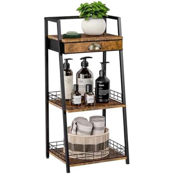 3-Tier Bathroom Shelves with Canvas Drawer, Floor Bathroom Storage Shelf, Small Storage Stand Rack, Freestanding Ladder Shelf for Living Room Bedroom, Rustic Brown