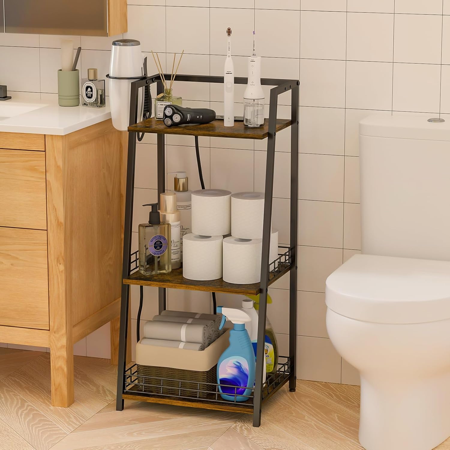 3-Tier Bathroom Shelves with Power Strips, Ladder Shelf for Storage ...
