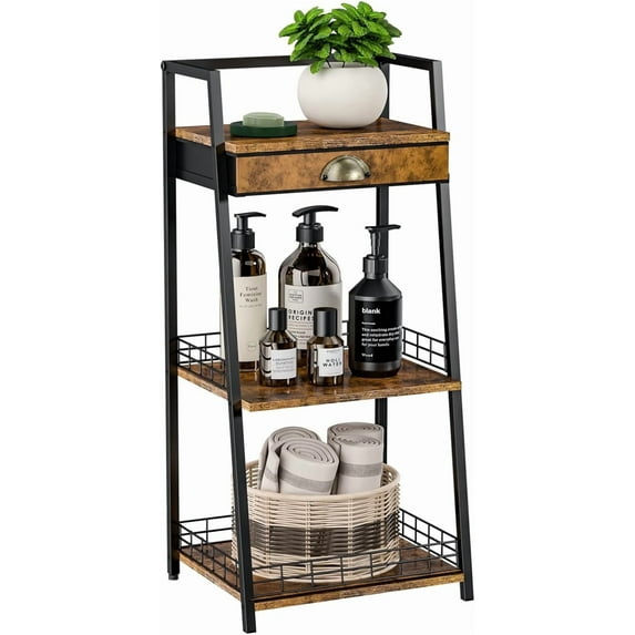 3-Tier Bathroom Shelves with Drawer, Floor Bathroom Storage Shelf, Small Storage Stand Rack, Freestanding Ladder Bookshelf for Living Room Bedroom