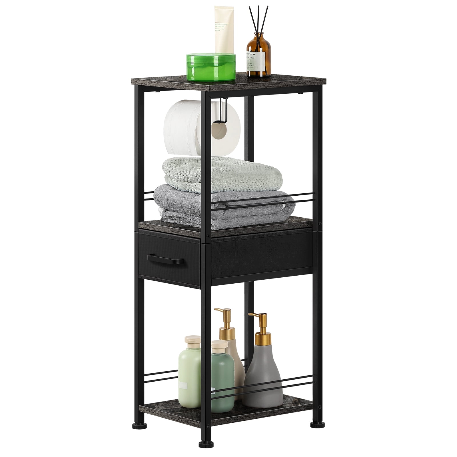 3-Tier Bathroom Storage Cabinet Tissue Holder Black Drawer Gray Divider