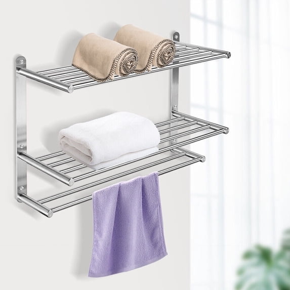 3 Tier Bathroom Towel Rack with Tower Bars 24 Inch Stainless Steel Wall Mount Towel Shelf Thickened Base Storage Shelf Holder for Bathroom