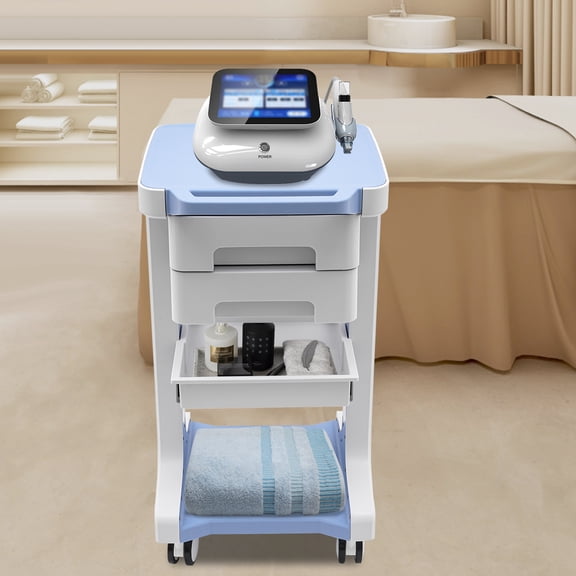 3 Tier Beauty Instrument Trolley, Load Bearing 50kg, Rolling Mobile Base with Drawers and Open Tray for Salon Tool Storage Arrangement