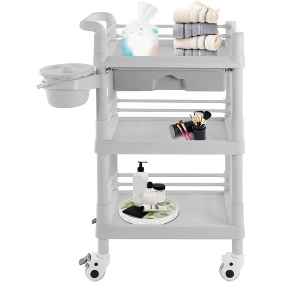 3-Tier Beauty Trolley, 220.46Lbs 360° Rotate Silent Wheels Salon Beauty Cart Heavy Duty Beauty Cart with Drawer and Waste Bin for Barber Shops, Beauty Shops, Pet Shops (Grey)