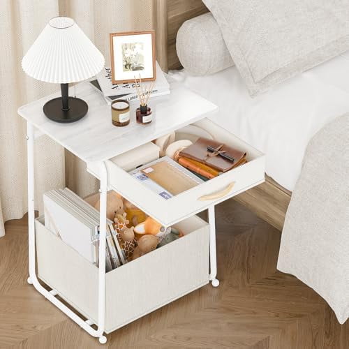 3-Tier Bedside Table with Storage, Modern Square Nightstand with Fabric Storage Basket & Drawers, Multifunctional Side Table for Living Room, Bedroom (White)$$Furniture