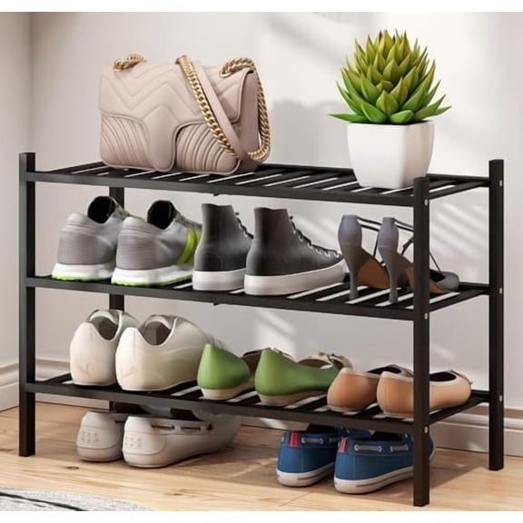 3-Tier Black Bamboo Shoe Rack for Entryway, Stackable | Foldable | Natural, Shoe Shelf Storage Organizer for Hallway Closet, Free Standing Shoe Racks for Indoor Outdoor