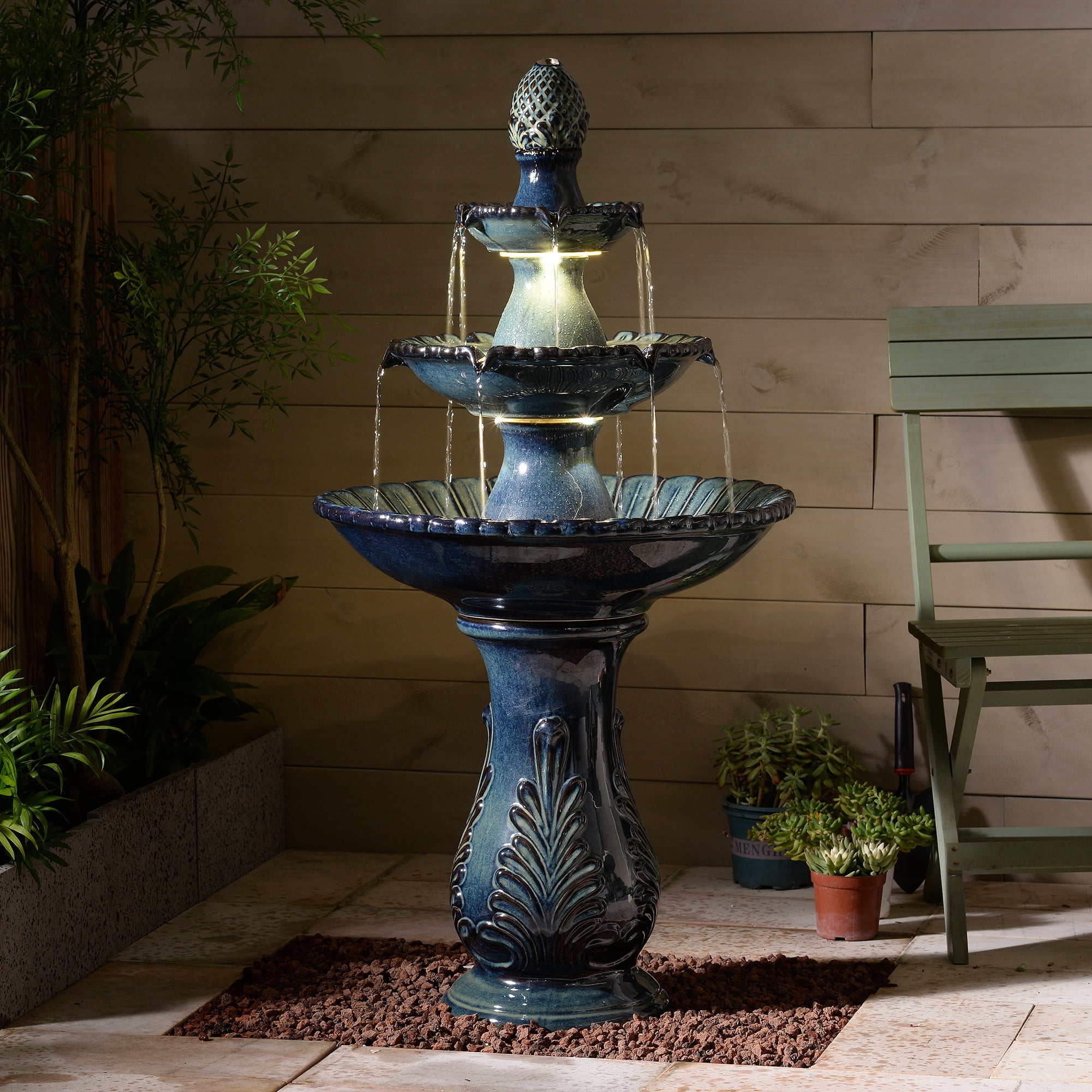 3-Tier Black Ceramic Fountain, Decorative Water Fountain with LED Lights and Quiet Pump, Indoor Outdoor Water Feature for Patio, Garden, Deck, Balcony, Office and Home Décor
