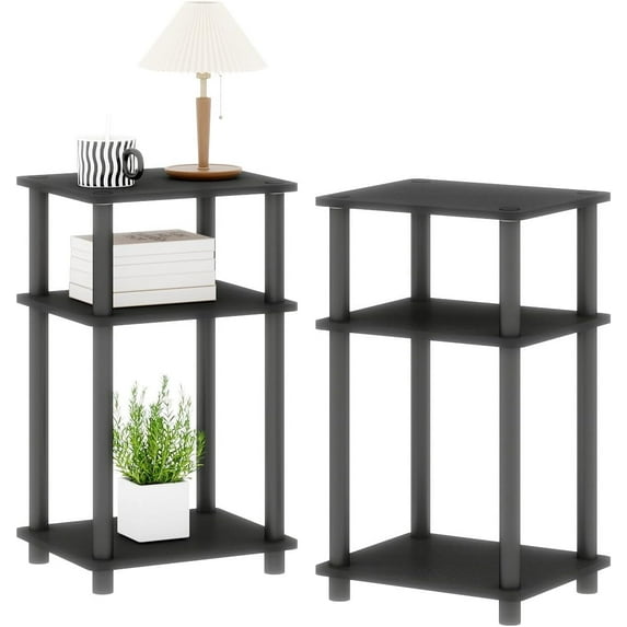 3-Tier Black End Tables Set of 2, Engineered Wood Small Side Tables with Storage Shelves, Small Nightstands for Bedroom, Living Room, Bathroom, Black