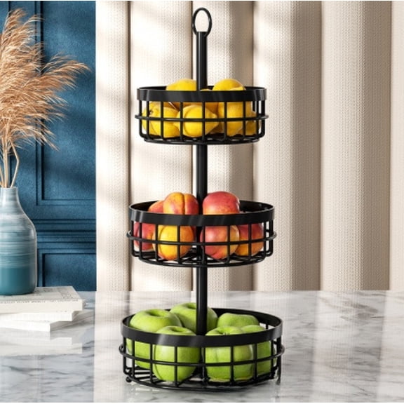 3-Tier Black Metal Fruit Basket, 25.2 in Tall Fruit Etagere, Round Countertop Fruit Bowl Stand, Saves Space, Fruit Storage Organizer for Kitchen, Living Room, Table Centerpiece