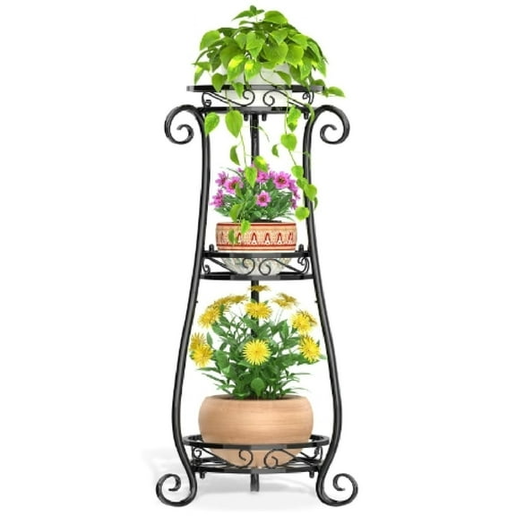 3 Tier Black Metal Plant Stand for Multiple Large Planters Indoor Outdoor Organizer, Heavy Duty Tall Flower Stand for Corner Patio Bathroom Office, Modern Sturdy Vertical Iron Rack, Cat Proof