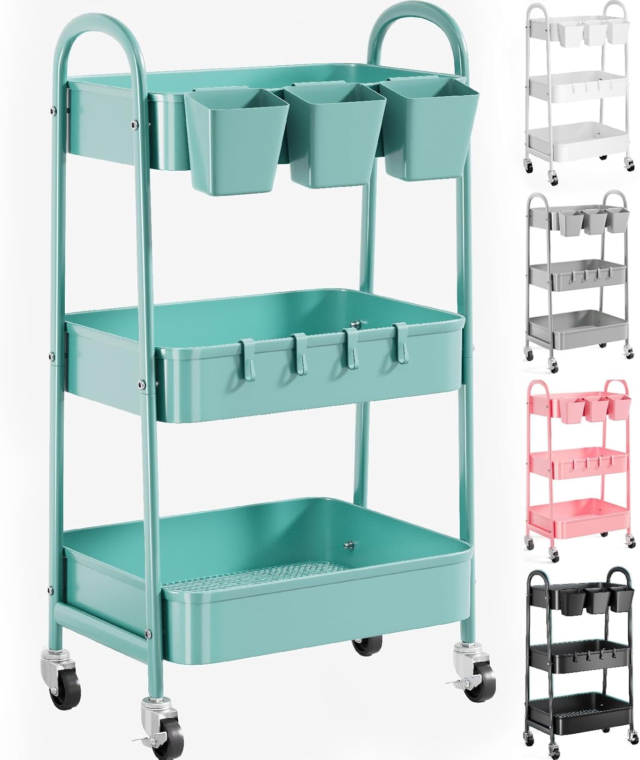3 Tier Black Metal Rolling Cart with Lockable Wheels and Cups, Three ...