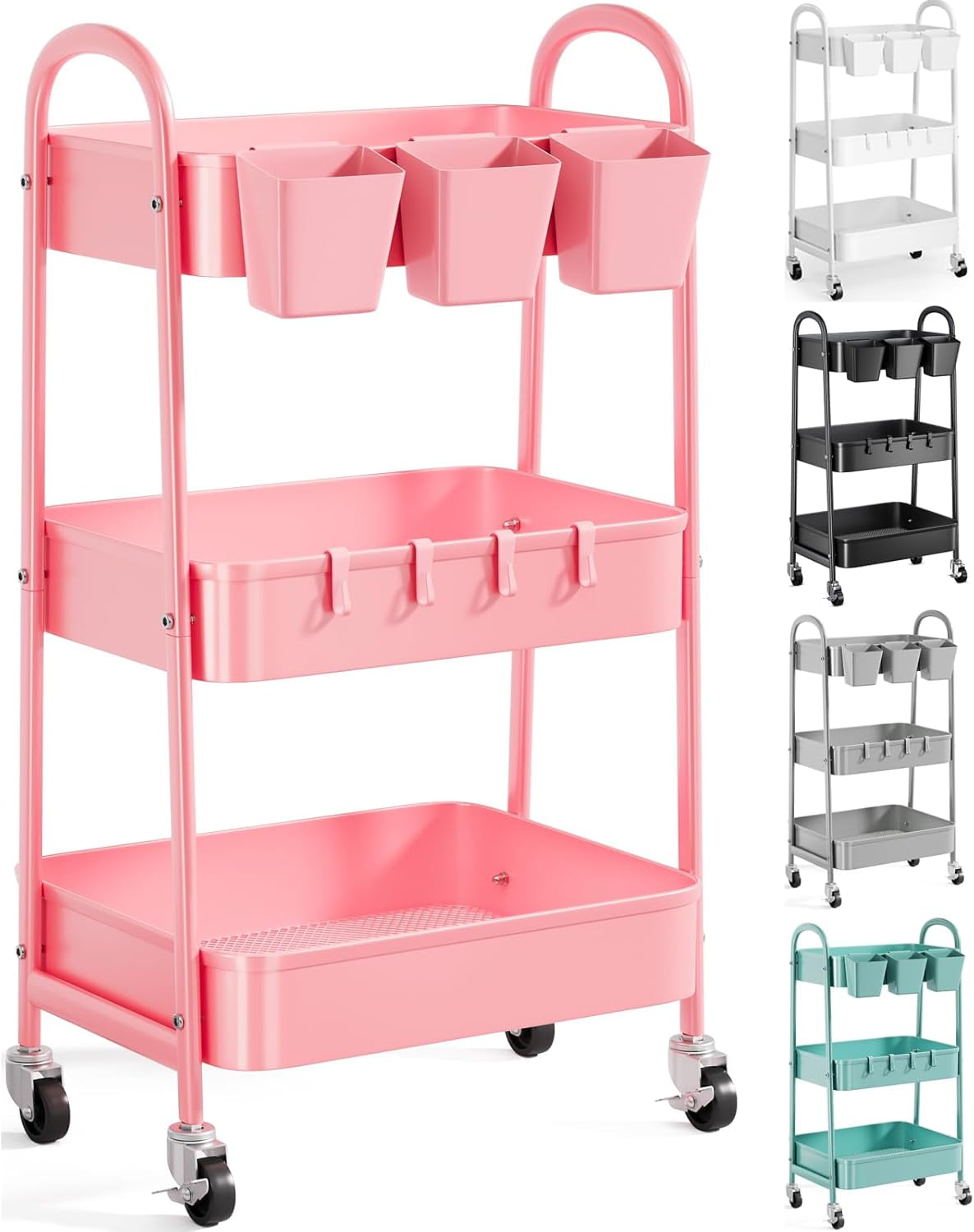 3 Tier Black Metal Rolling Cart with Lockable Wheels and Cups, Three ...
