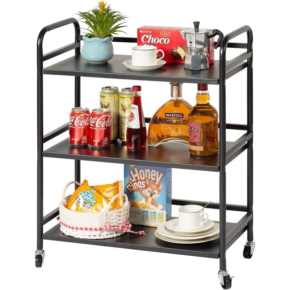 3-Tier Black Metal Rolling Storage Cart with Perimeter Guard Rails & 2 Lockable Swivel Wheels, Multi-Purpose Wheeled Organizer Trolley for Kitchen Bathroom Bedroom Office Balcony Storage