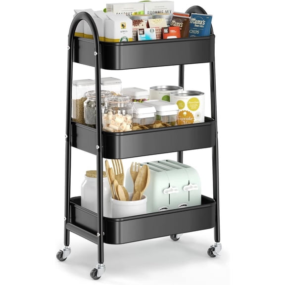 3-Tier Black Metal Rolling Utility Cart - Mesh Baskets, Handle & Lockable Wheels for Home & Office