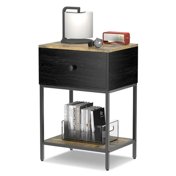 3 Tier Black Nightstand with 1 Wood Drawer Storage, Small Side Table for Small Spaces, Tall Night Stand/End Table with Shelf for Living Room Bedroom Sofa,Black