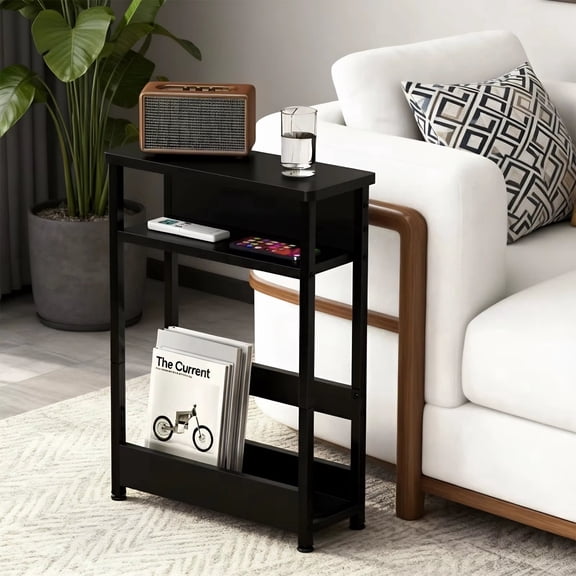 3-Tier Black Slim Side Table with Magazine Holder, Narrow End Table for Small Spaces, Modern Rustic Storage Shelf for Living Room Bedroom Couch