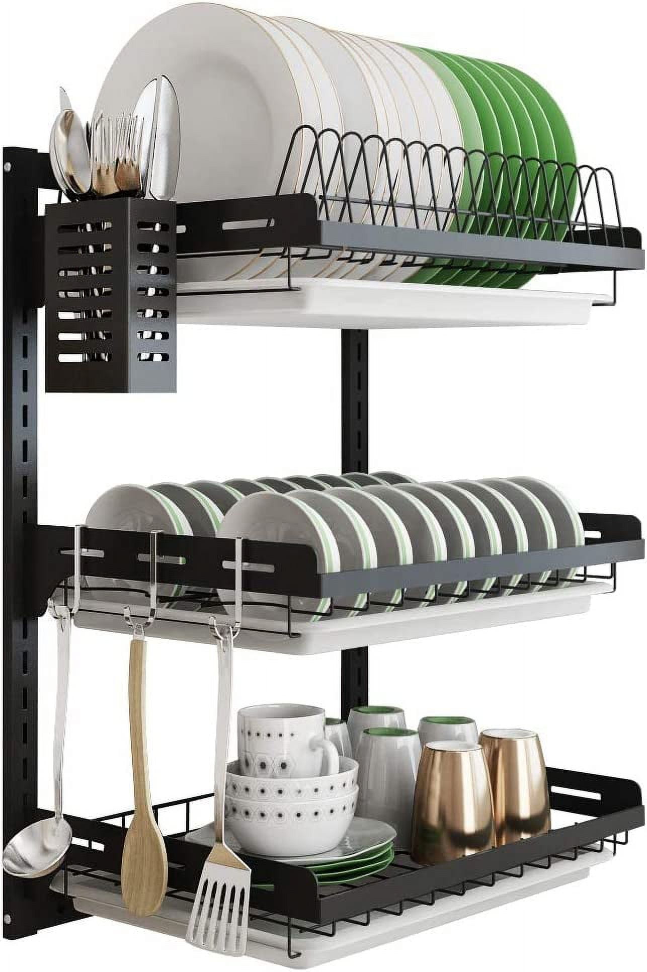 IM Beauty Wall Mounted Dish Drying Rack, Stainless Steel Hanging Dish  Drainer with Cutlery Holder, Drainboard and Hooks, Fruit Vegetable Kitchen  Supplies Plates Bowls Cups Storage Shelf 