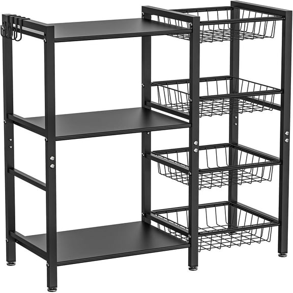 3-Tier Black Steel Baker's Rack with 4 Mesh Baskets Kitchen Storage Shelf, Coffee Bar & Air Fryer Stand