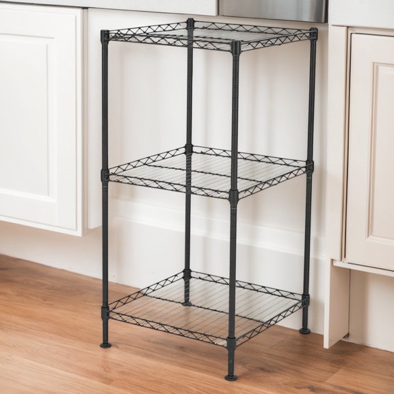 3-Tier Black Steel Wire Shelving Tower, Multipurpose Vertical Storage Organizer for Home & Kitchen