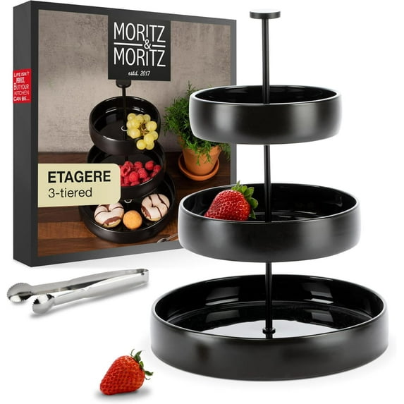 3-Tier Black Stoneware Cake Stand with Tongs – Elegant Dessert Appetizer Display