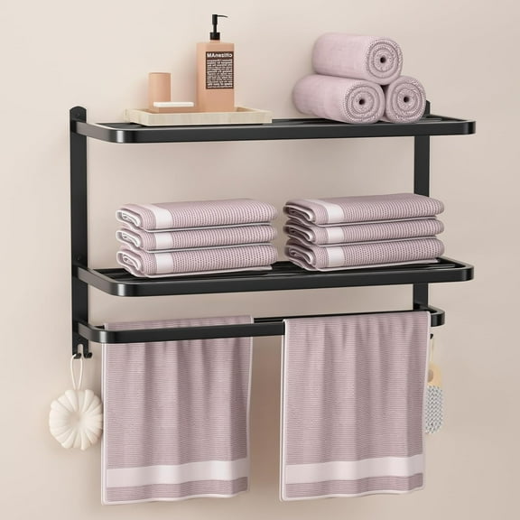 3-Tier Black Towel Racks for Bathroom with Towel Bars Multilayer Hotel Towel Shelf Stainless Steel Wall-Mounted Matte Finished Holder with Towel Shelves 23 Inches