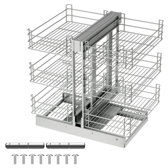 3-Tier Blind Corner Cabinet Pull Out Organizer, 26.8x17.9x23.6 Inch, Stainless Steel Silver, 6 Adjustable Shelves, 108 LBS Load, Left & Right Open for Kitchen or Bathroom Blind Corner Cabinet