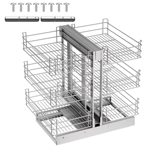 3-Tier Blind Corner Cabinet Pull Out Organizer, 6 Adjustable Shelves, 26.8x17.9x23.6 Inch, 108 LBS Load, Silver, Polished Chrome for Kitchen or Bathroom Blind Corner Cabinet