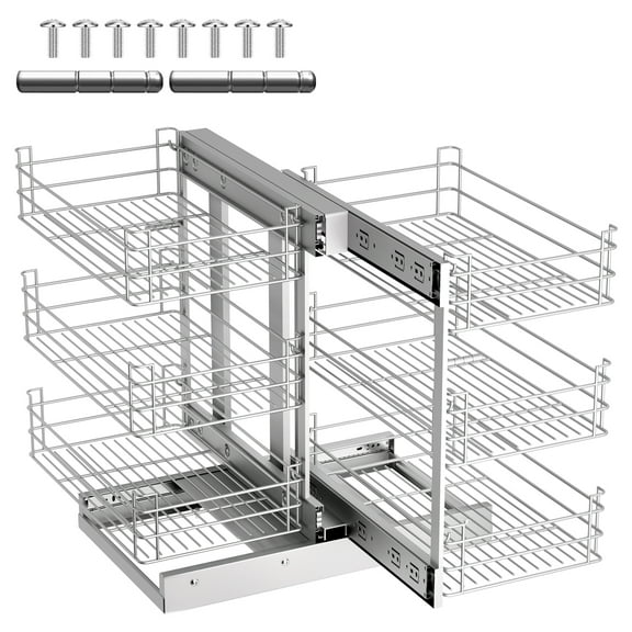 3-Tier Blind Corner Cabinet Pull Out Organizer, Left & Right Open Compatible, Stainless Steel, 6 Storage Shelves, Soft-Close, 26.8x17.9x23.6 Inch for Kitchen or Bathroom Blind Corner Cabinet