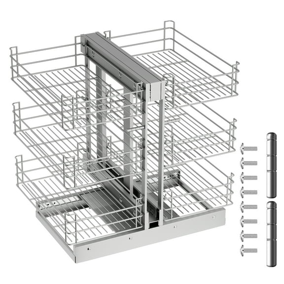 3-Tier Blind Corner Cabinet Pull Out Organizer, Soft-Close, Silver, 6 Separate Shelves, Polished Chrome, 26.8x17.9x23.6 Inch for Kitchen or Bathroom Blind Corner Cabinet