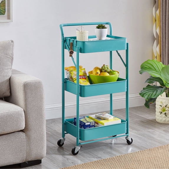 3 Tier Blue Metal Shelves Storage Utility Rolling Cart with Foldable Feature Bar Cart for Storage