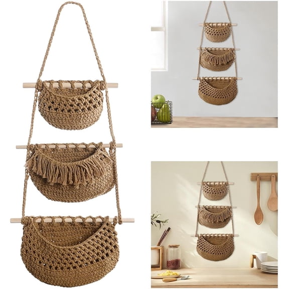 3-Tier Bohemian Wall-Mounted Storage Basket, Hand-Woven Rattan & Wood Shelf Hanging Storage, Macrame Basket for Kitchen, Living Room, Dining Room, Plant & Book Organizer, Rustic Farmhouse Decor