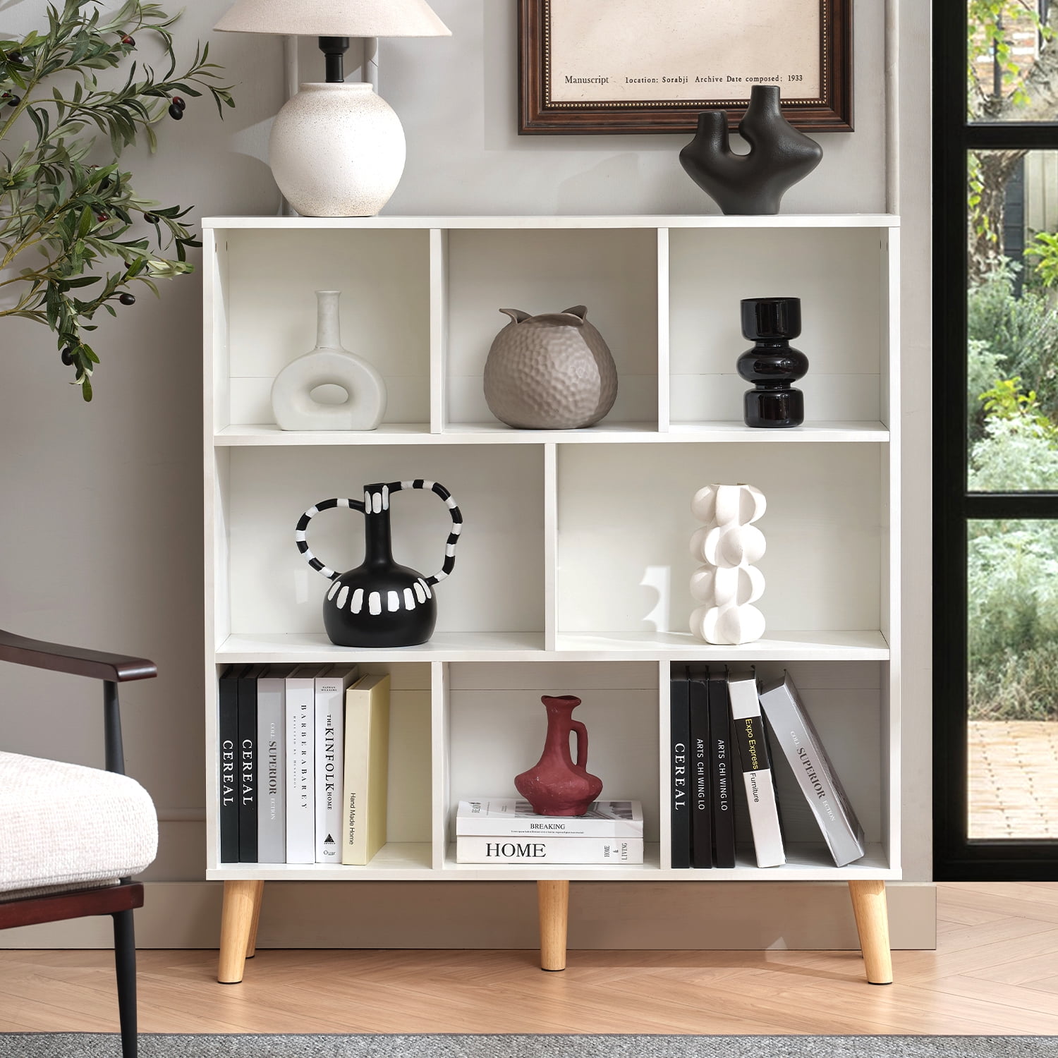 3-Tier Book Shelf, 8 Cube Bookcase, Mid-Century Modern Wood Shelf for Living Room, or Office, White