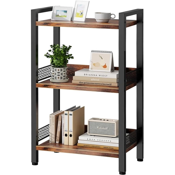 3-Tier Book Shelf, Bookcase with a Back Panel, Storage Shelves for Bedroom, Living Room & Home Storage (Brown Black)