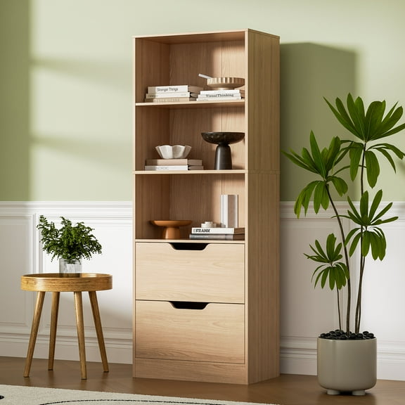 3-Tier Bookcase with 2 Drawers, 63" Open Bookshelf with Storage, 3 Shelf Bookcase with Adjustable Shelf, Modern Bookshelf, Open Shelves Bookshelf for Study, Bedroom & Home Office, Oak