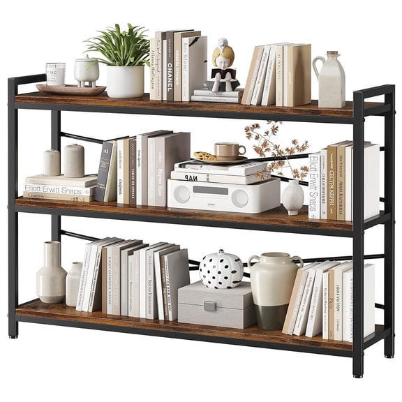 3 Tier Bookcase 47.24" Width, Long Industrial Book Shelf, Vintage Wooden Large Book Shelf for Home Living Room Bedroom Office Storage(Rustic Brown)