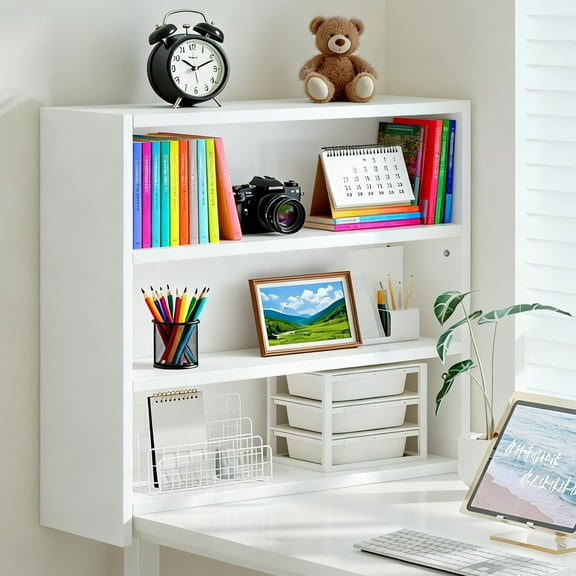 Desktop Bookshelf & Desk Organizer Shelf, 3-Tier Display Rack, Wooden Table Top Storage Organizer with Adjustable Shelves, White Book Shelf for Office, Dorm, Living Room