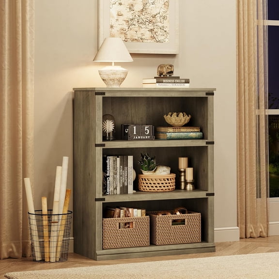 3 Tier Bookcase, Farmhouse Book Shelf with Storage Open Display Bookshelves, 40" Low Book Case Wooden 3 Shelf Bookcase Home Decor Furniture for Home Office, Living Room, Bed Room Grey