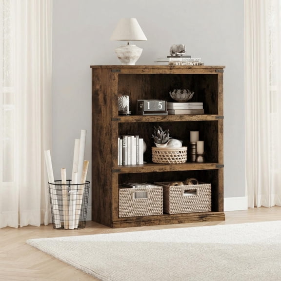 3 Tier Bookcase, Farmhouse Book Shelf with Storage, Low Book Case Wooden 3 Shelf Bookcase for Home Office, Living Room, Bed Room, Vintge