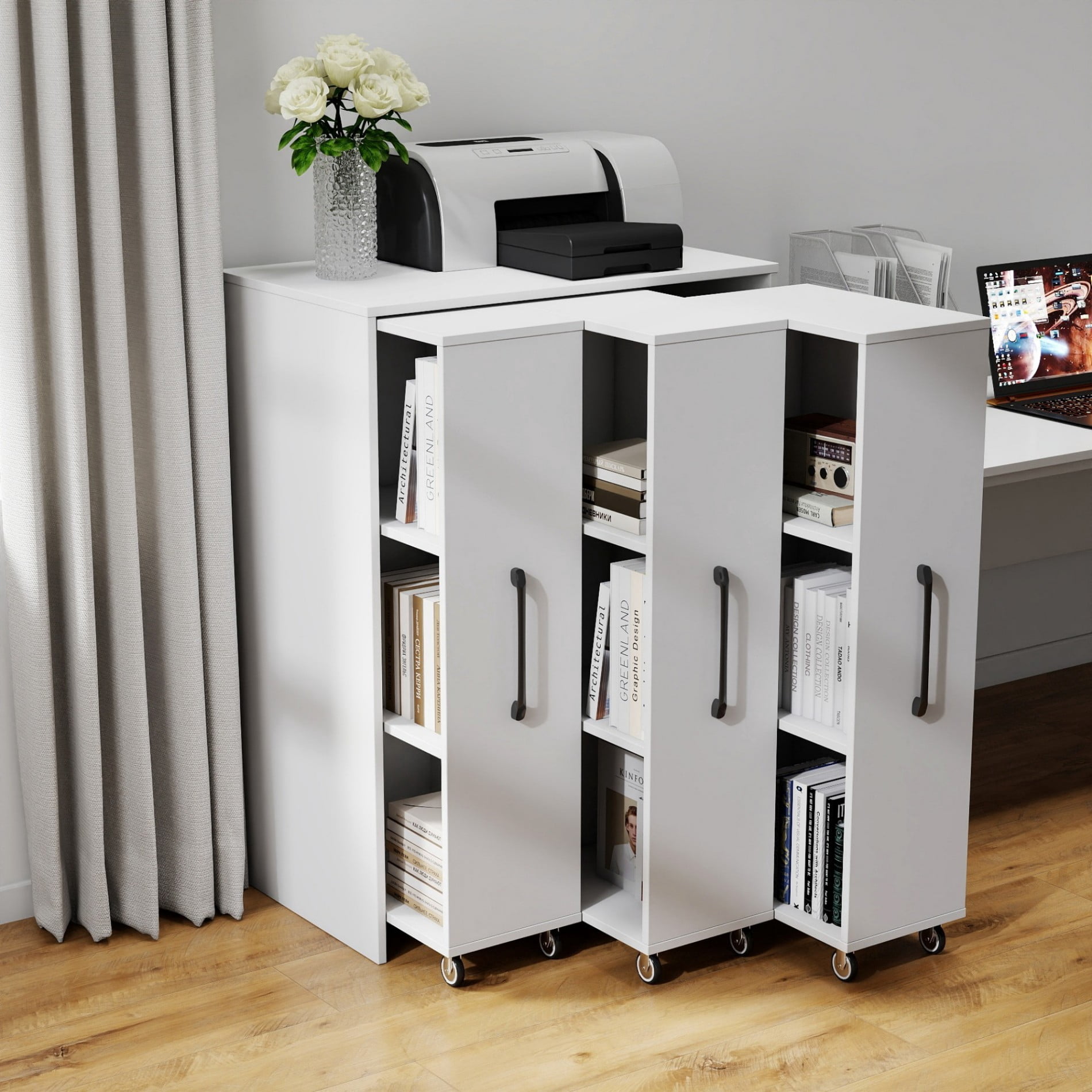 3 Tier Bookcase with Pull-Out Shelves, Sliding Storage Cabinet with 3 Hidden Doors, Floor Standing Wooden Bookshelf Organizer for Office, Bedroom, Living Room, Space Saving Cabinet, White