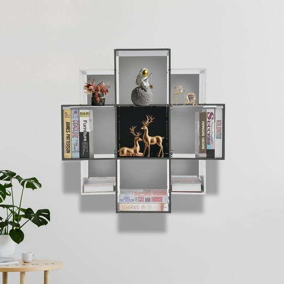 3-Tier Bookcase Wall Mounted Book Shelf Modern Floating Shelf Bookcase with 9 Compartments, Floating Cube Shelves, for Study, Office, Kitchen, Bedroom, and Living Room (Black&White)