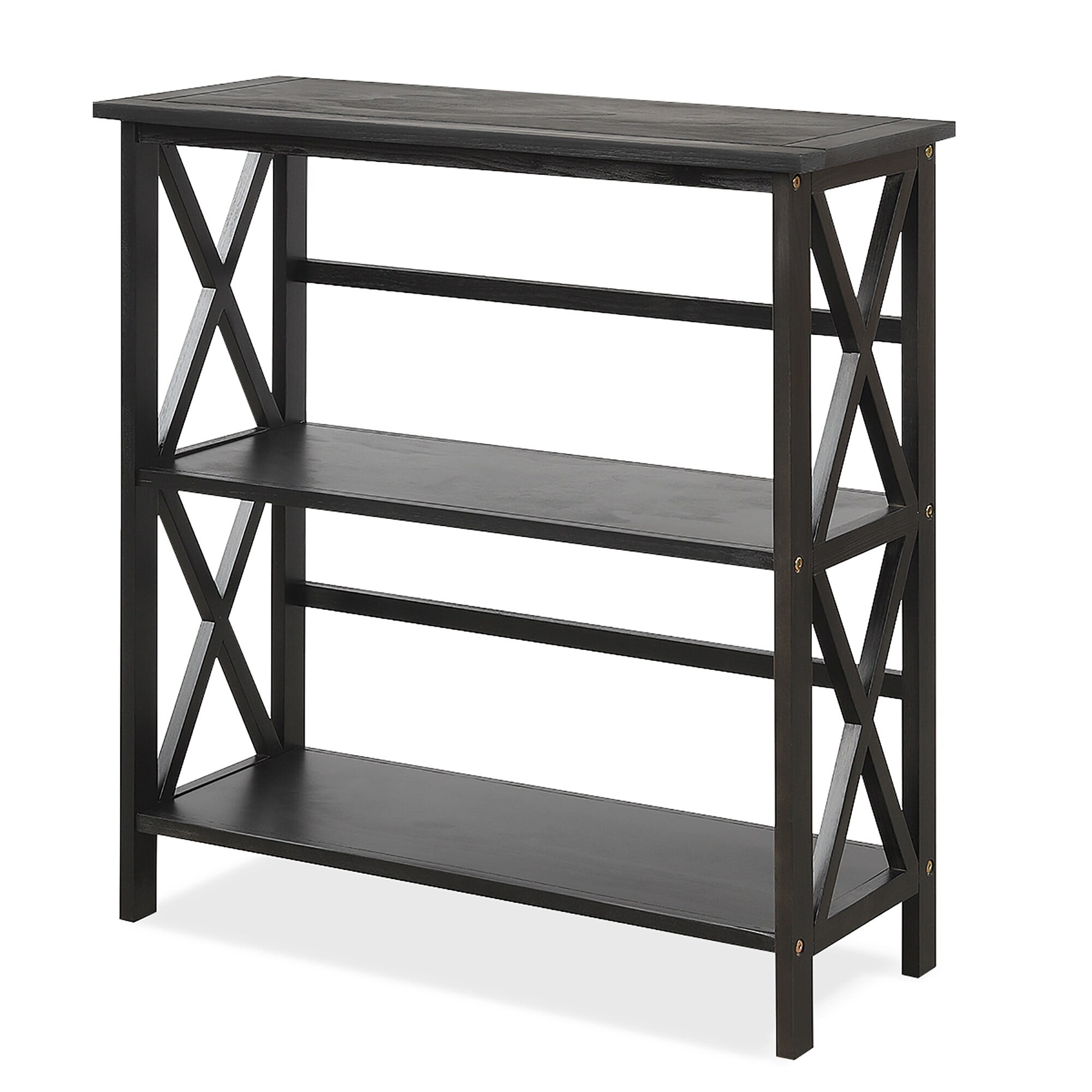 Modern Black Solid Wood 3-Shelf Bookcase with X-Design Doors