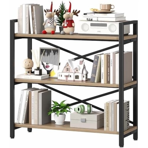 3 Tier Bookshelf 31.49" Width, Wood and Metal Etagere Bookcase, Vintage Farmhouse Modern Wooden Big Book Shelf for Home Living Room Bedroom Office Storage(Light Coffee)
