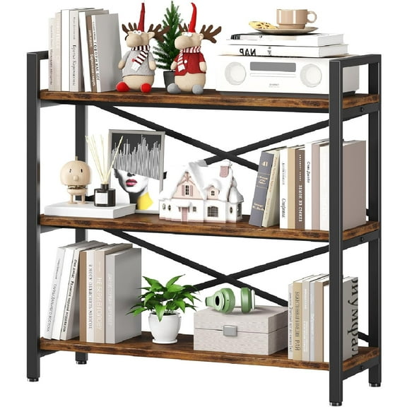 3 Tier Bookshelf 31.49" Width, Wood and Metal Etagere Bookcase, Vintage Farmhouse Modern Wooden Big Book Shelf for Home Living Room Bedroom Office Storage(Rustic Brown)