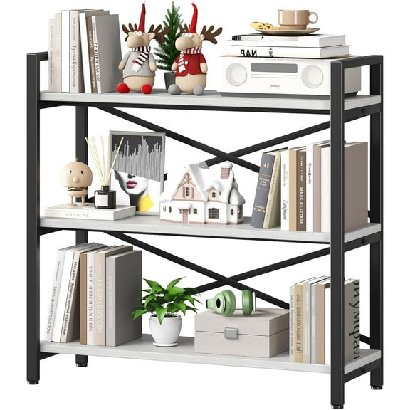 3 Tier Bookshelf 31.49" Width, Wood and Metal Etagere Bookcase, Vintage Farmhouse Modern Wooden Big Book Shelf for Home Living Room Bedroom Office Storage(White)
