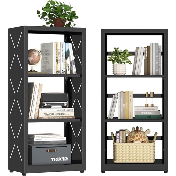 3 Tier Bookshelf, 34" Small Bookcase, Metal Bookcase with Adjustable Shelves and Book Stopper, Modern Bookshelf for Bedroom, Living Room, Home Office, Library, Black(34" H*16" W*10" D)