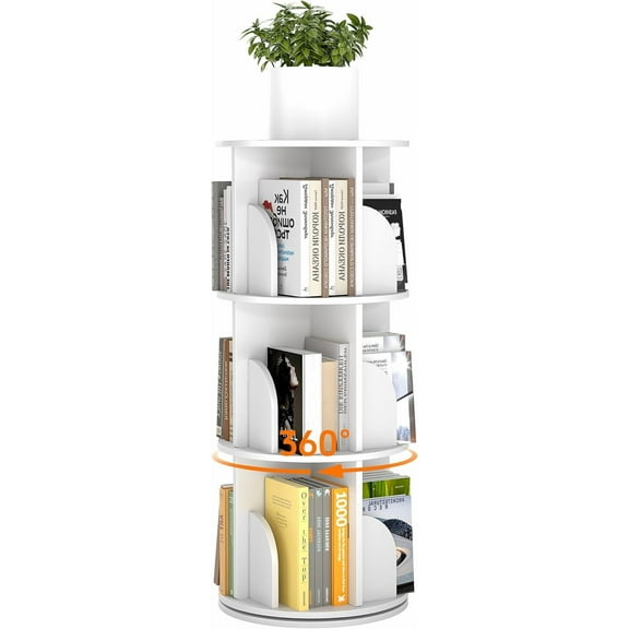 3-Tier Bookshelf, 360 Spinning Corner Bookcase with Lazy Susan, White Space Saving Organizer for Study Room, Home Office, Kids Rooms, Bedroom, Adults & Kids